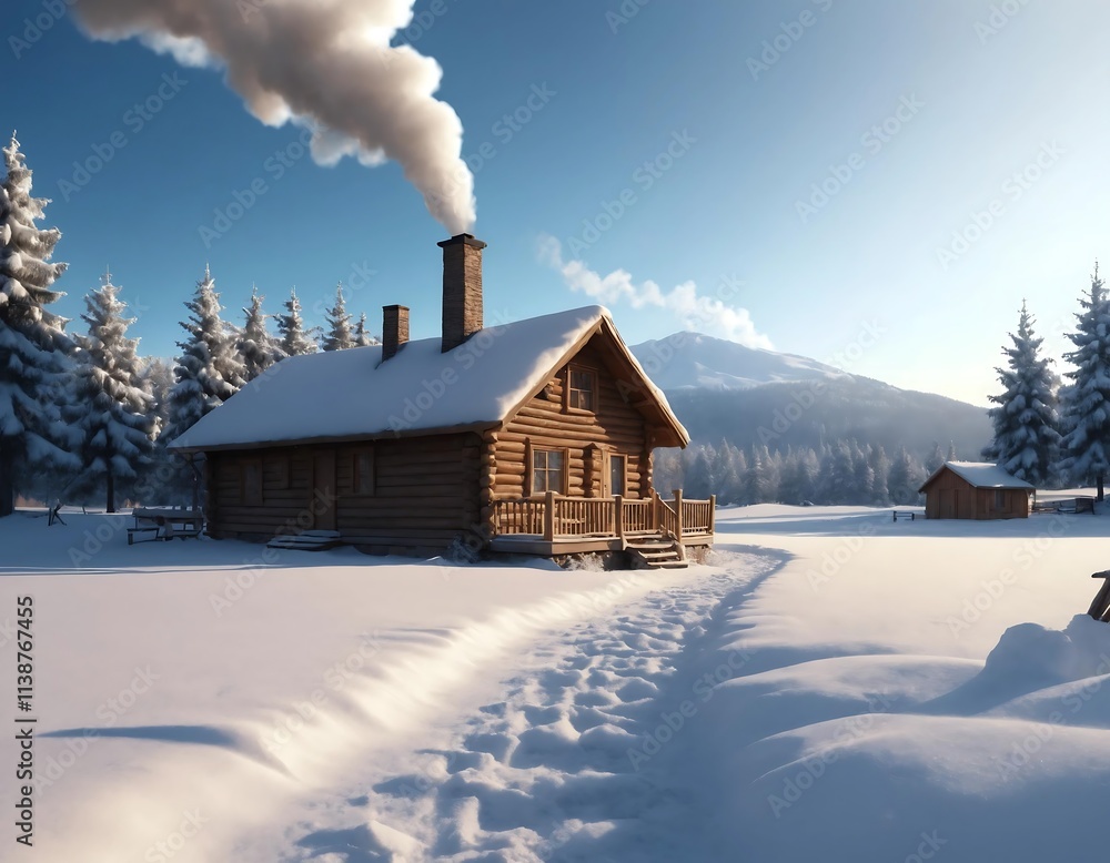 A cozy wooden cabin, nestled in snowy mountains, with smoke rising from its chimney A cozy wooden cabin, nestled in snowy mountains, with smoke rising from its chimney