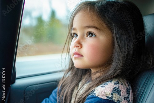 Asian female child gazing through car window on a road trip