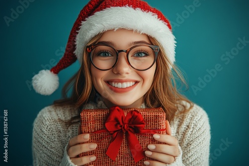 Copy space. Isolated white white juvenile girl in red xmas hat with package in hands, on green background. Studio holiday photography. Santa kid fun. Professional christmas ornament. photo