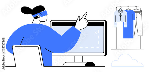 Person wearing VR headset points at computer screen, wardrobe with clothes in the background. Ideal for fashion tech, virtual shopping, VR experiences, futuristic retail, online buying, remote
