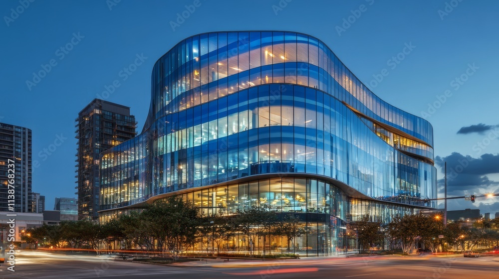 Naklejka premium Intricate details of a modern architecture with a curved design, showcasing layered glass panels in varying shades of blue the reflection and transparency accentuate dynamic urban aesthetics