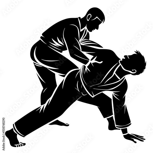 Martial Arts Silhouette: Dynamic silhouette of two martial artists in a grappling match, showcasing strength, agility, and the intensity of combat.  