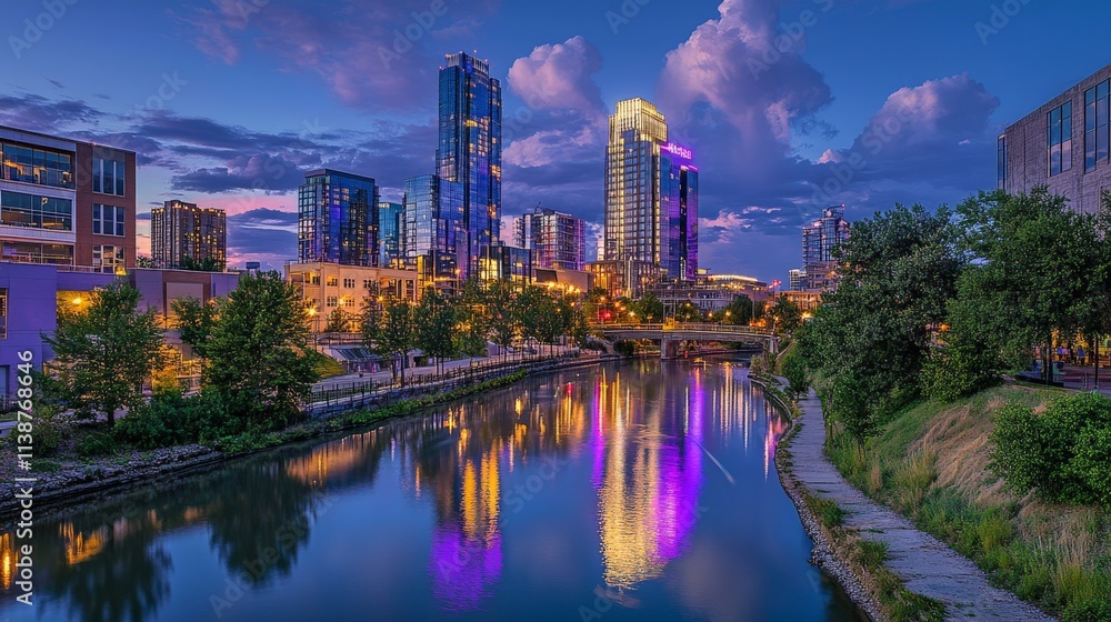 Fototapeta premium Vibrant evening skyline of downtown denver reflecting in calm river waters.