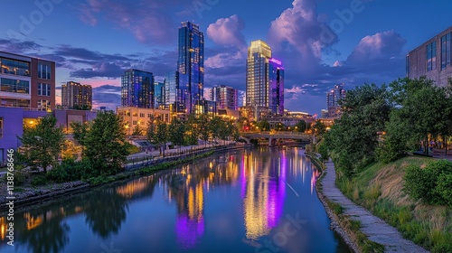 Vibrant evening skyline of downtown denver reflecting in calm river waters.