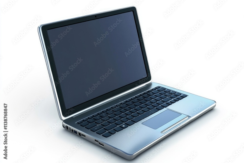 Three-Dimensional Laptop Displaying Blank Screen Isolated on White Background Three-Dimensional Laptop Displaying Blank Screen Isolated on White Background