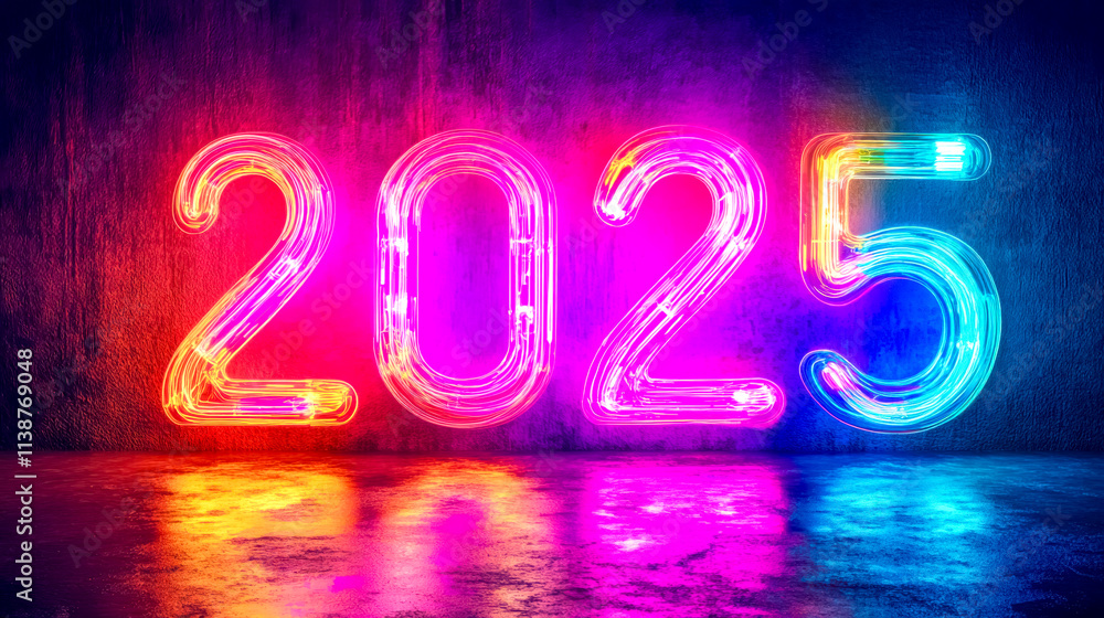 Vibrant neon 2025 sign glowing on a textured wall Vibrant neon 2025 sign glowing on a textured wall