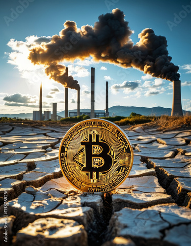 Golden Bitcoin and IndustrialSmokestacks, cracked dry earth, environmental strain, dark clouds of energy pollution, high energy consumption of Bitcoin mining and its impact on the environment, crypto  photo