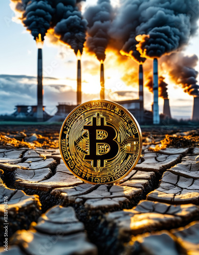 Golden Bitcoin and IndustrialSmokestacks, cracked dry earth, environmental strain, dark clouds of energy pollution, high energy consumption of Bitcoin mining and its impact on the environment, crypto  photo