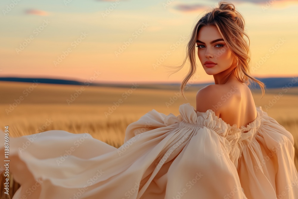 Fashion portrait of a young woman in a flowing beige dress standing in a golden wheat field during sunset with muted background colors Fashion portrait of a young woman in a flowing beige dress standing in a golden wheat field during sunset with muted background colors