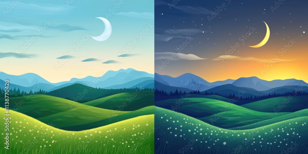 Obraz premium Dual Harmony: Day and Night Transition Over Summer Meadows and Majestic Mountains