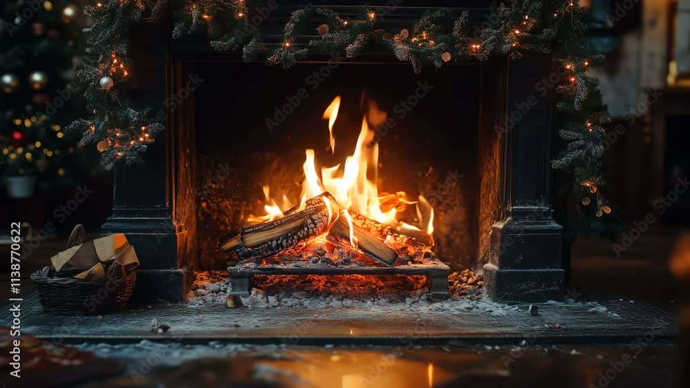 A Cozy Fireplace with Flickering Flames, Beautifully Decorated, Creates a Warm and Inviting Holiday Atmosphere A Cozy Fireplace with Flickering Flames, Beautifully Decorated, Creates a Warm and Inviting Holiday Atmosphere
