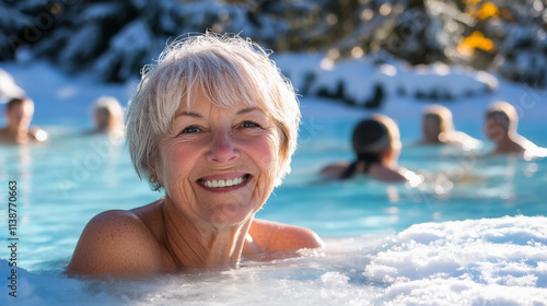 Elderly woman smiles brightly while emerging from a quick winter swim in icy water. Cold-water swimming boosts energy, improves imunity and supports overall health photo