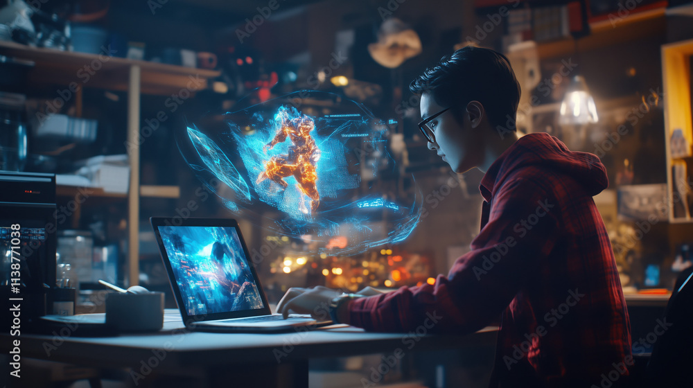 Game Developer Projecting 3D Holographic Game Character Model with Dynamic Animations in a Tech Studio Game Developer Projecting 3D Holographic Game Character Model with Dynamic Animations in a Tech Studio