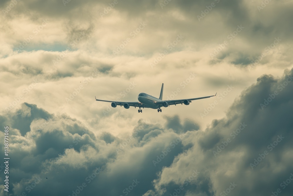 Soaring Passenger Plane: White Aircraft Gliding Through a Cloudy Daytime Sky Soaring Passenger Plane: White Aircraft Gliding Through a Cloudy Daytime Sky