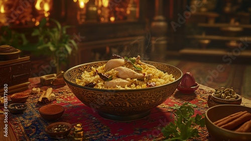 Steaming chicken rice bowl with spices, herbs, firelit background. photo