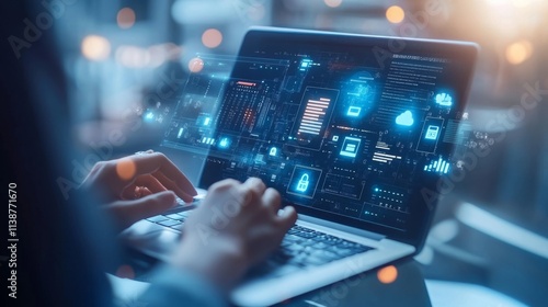 3D Graphics Concept: Big Data Center Female Chief Technology Officer Using Laptop Standing In Warehouse, Activates Servers, Information Digitalization Starts. SAAS, Cloud Computing, Web Service