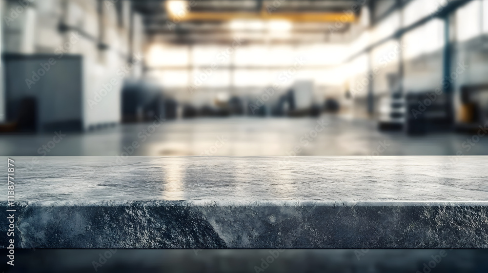 A close view of a stone countertop in an expansive industrial workspace illuminated by soft daylight A close view of a stone countertop in an expansive industrial workspace illuminated by soft daylight
