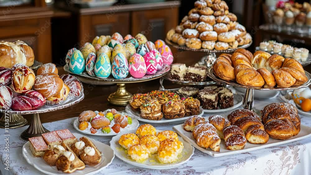 Variety of colorful and delicious pastries displayed on elegant trays at a festive gathering Variety of colorful and delicious pastries displayed on elegant trays at a festive gathering