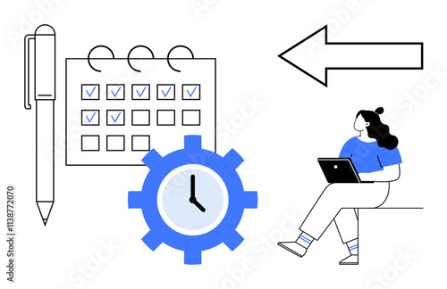 Calendar with checked boxes, clock gear, pen, left arrow, and person working on laptop. Ideal for time management, scheduling, productivity, planning, organization, workflow efficiency, work-life