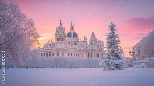 Madrid's almudena cathedral bathed in a pink-hued sunset and blanketed by snow, captured on a serene winter evening a picturesque view featuring historic architecture and dramatic skies