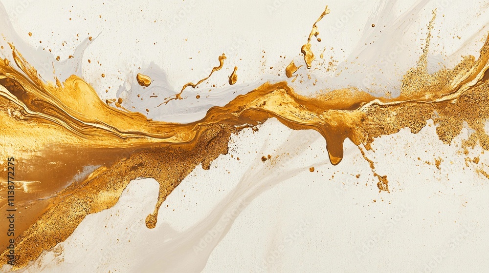 Obraz premium Gold paint splashes create an artistic texture on a white background. Generative AI