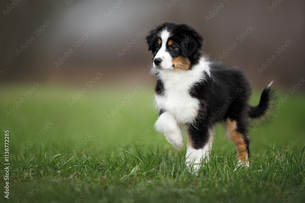 cute miniature american shepherd puppy standing outdoors with a raised paw cute miniature american shepherd puppy standing outdoors with a raised paw