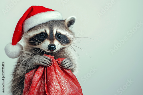 Raccoon wearing a Santa hat and with a bag of gifts isolated on a plain background background with free space for text. Merry Christmas and New Year photo