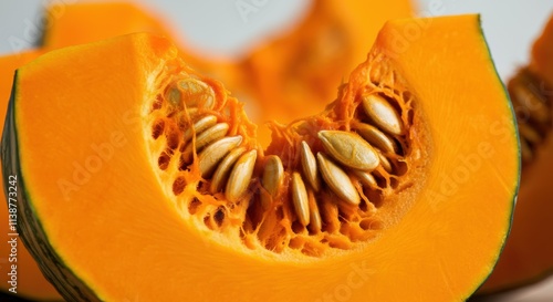 A single slice of ripe orange -colored pumpkin cut in half The pumpkin slice showcasing its curved shape close-up of pumpkin on table photo