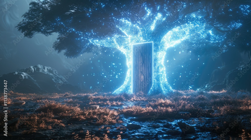 A mystical tree with a glowing door, surrounded by ethereal light and vibrant foliage. A mystical tree with a glowing door, surrounded by ethereal light and vibrant foliage.