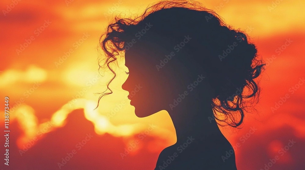 Silhouette of a woman against a vibrant sunset sky with warm shades. Generative AI Silhouette of a woman against a vibrant sunset sky with warm shades. Generative AI