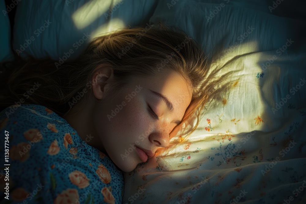 Serene Dream: Young Woman Blissfully Sleeping in Bed, Sunlight Gently Illuminating Her Peaceful Face Serene Dream: Young Woman Blissfully Sleeping in Bed, Sunlight Gently Illuminating Her Peaceful Face