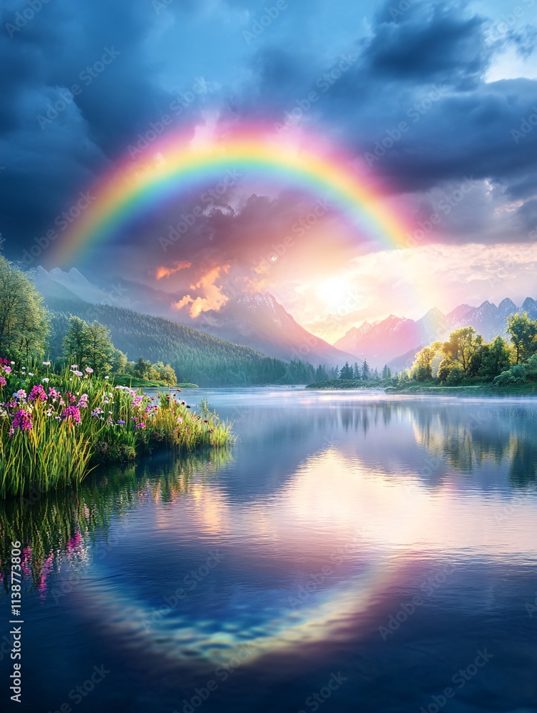 Vibrant Rainbow Over Serene Countryside Lake with Lush Greenery at Sunset Vibrant Rainbow Over Serene Countryside Lake with Lush Greenery at Sunset