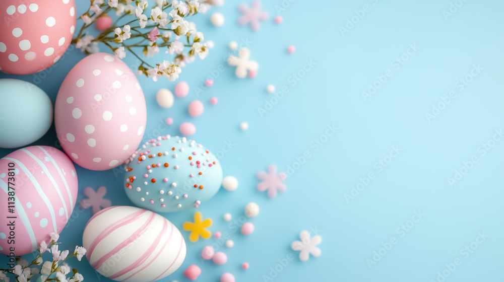 Pastel eggs and flowers celebrate spring with joy and vibrant, playful colors Pastel eggs and flowers celebrate spring with joy and vibrant, playful colors
