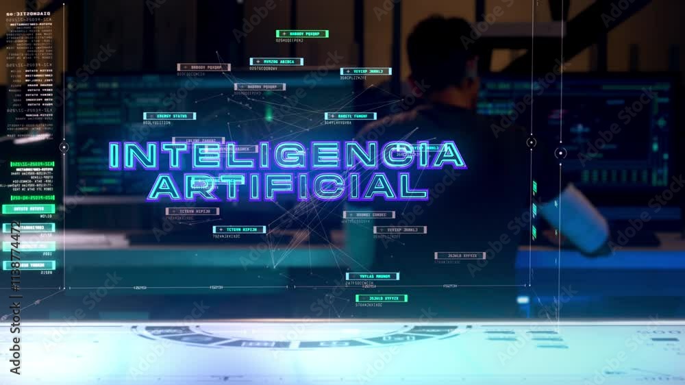 Artificial Intelligence text floating on top of Futuristic Interface. Cloud Data and Blockchain Infographics. Artificial Intelligence Developer Working on Computers.