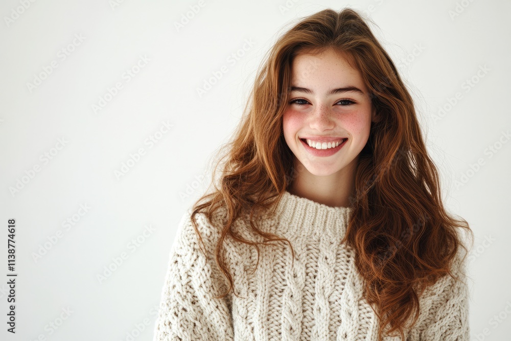 Portrait of a Joyful Young Woman Exuding Beauty with a Perfect Smile in a Cozy Sweater Against a White Background Portrait of a Joyful Young Woman Exuding Beauty with a Perfect Smile in a Cozy Sweater Against a White Background