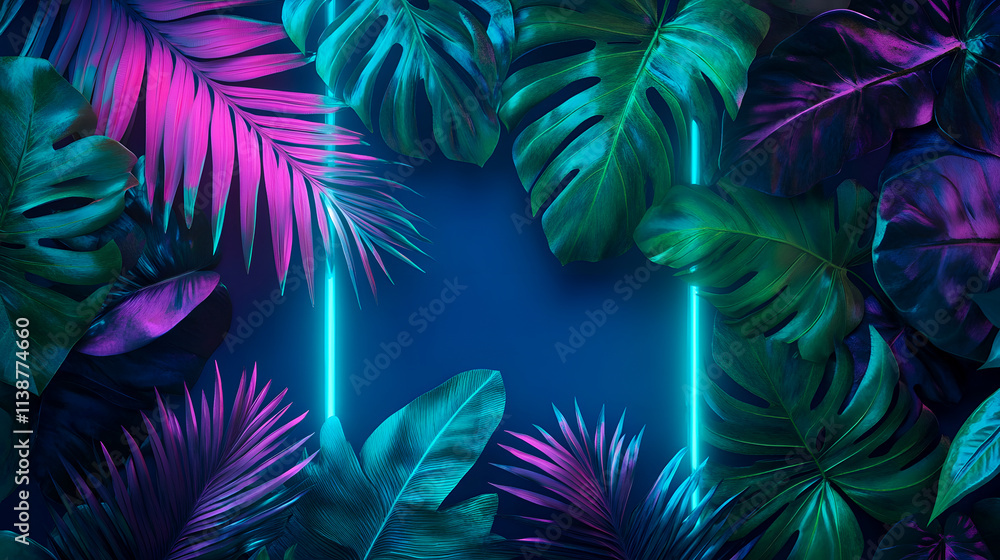 Green and blue neon lights intertwined with tropical leaves. Green and blue neon lights intertwined with tropical leaves.
