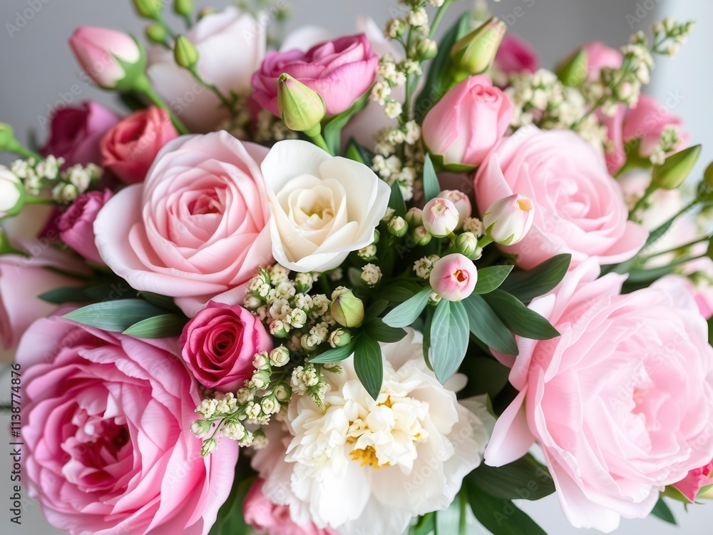 A vibrant arrangement of pink peonies and roses on a white background with space for text, bloom, floral arrangement, fresh A vibrant arrangement of pink peonies and roses on a white background with space for text, bloom, floral arrangement, fresh