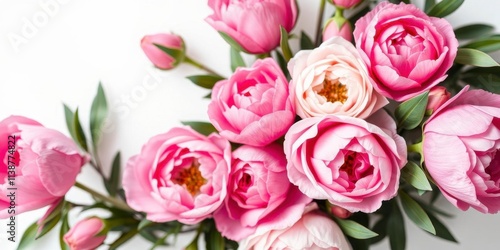 Fototapeta Naklejka Na Ścianę i Meble -  A vibrant arrangement of pink peonies and roses on a white background with space for text, copy space, text space