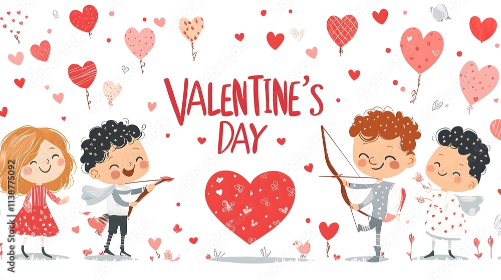 Valentine's Day playful kids with hearts and bows illustration Valentine's Day playful kids with hearts and bows illustration