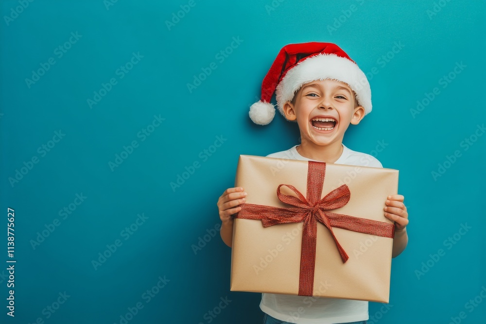 Copy space. Isolated white white youth boy in red red hat with surprise box in hands, on blue background. Blue gift box. Gift wrapping art. Blue christmas ornament. Kid christmas wish. Copy space. Isolated white white youth boy in red red hat with surprise box in hands, on blue background. Blue gift box. Gift wrapping art. Blue christmas ornament. Kid christmas wish.
