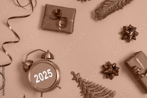Wallpaper Mural Flat lay 2025 new year alarm clock and gift boxes on mocha mousse colour background Torontodigital.ca