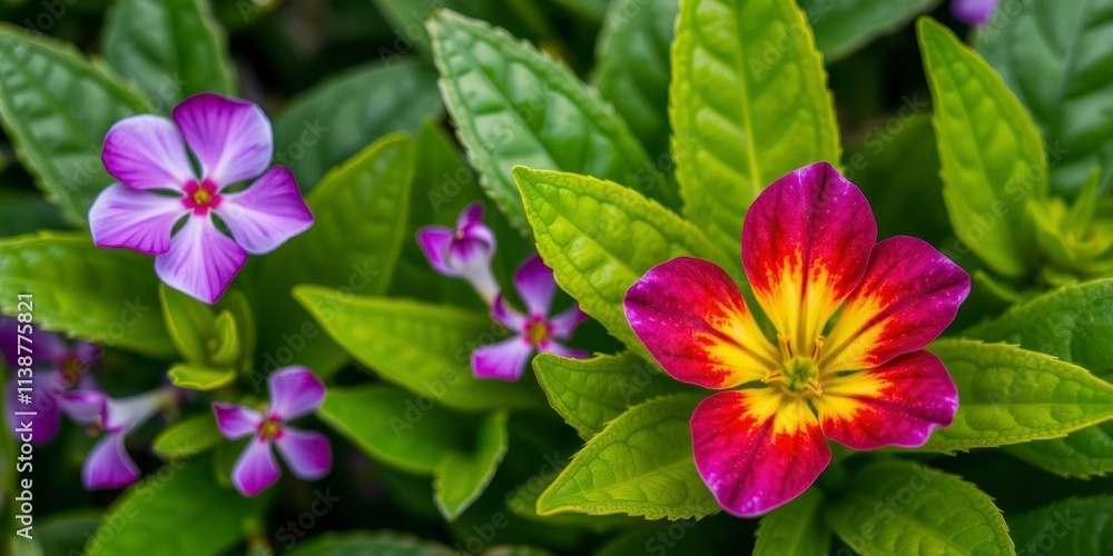 Bright purple flower petals and leaves creating a vibrant and colorful composition, natural, botanical, leaves Bright purple flower petals and leaves creating a vibrant and colorful composition, natural, botanical, leaves