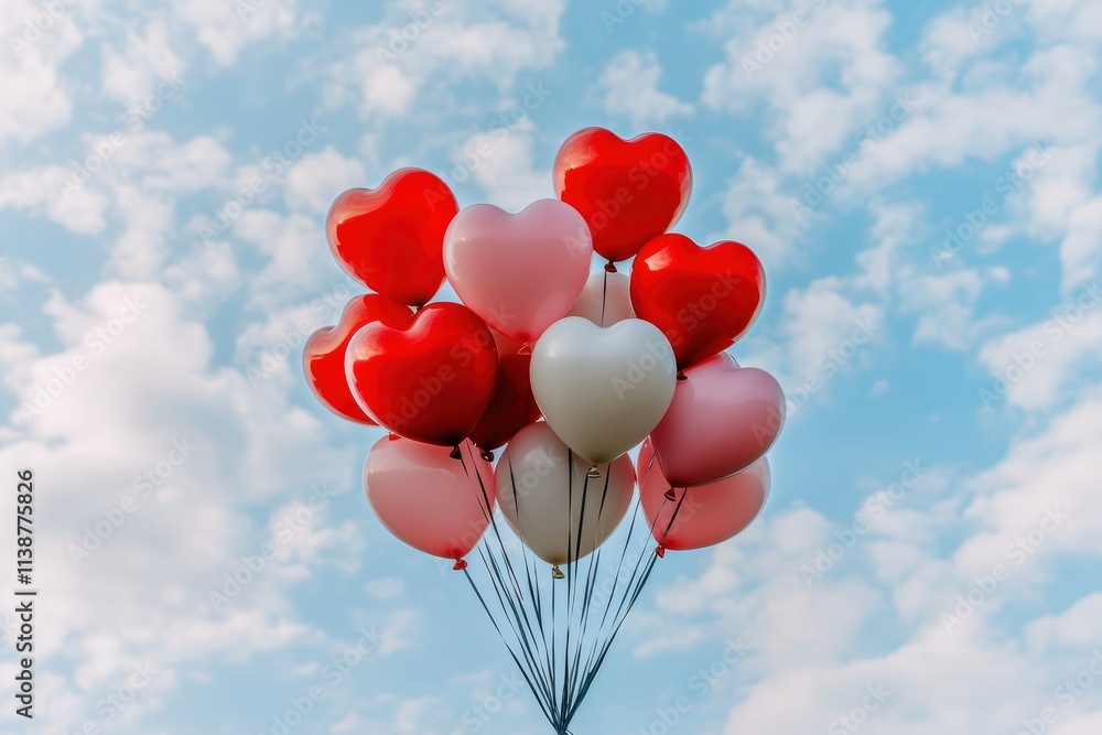 Bunch of red and white balloons with hearts on them are floating in the sky. The balloons are scattered in different directions, creating a sense of joy and celebration Bunch of red and white balloons with hearts on them are floating in the sky. The balloons are scattered in different directions, creating a sense of joy and celebration