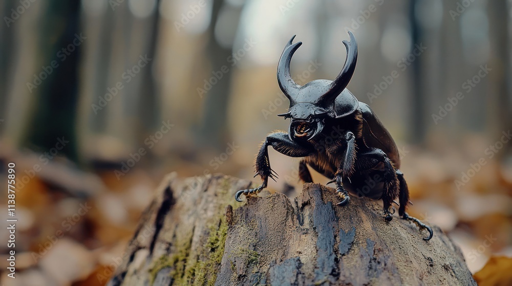Horned beetle on stump in forest. Horned beetle on stump in forest.