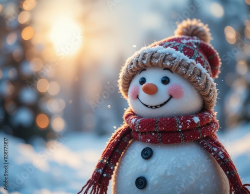 Cheerful Snowman with Red Scarf and Wool Hat in Winter Wonderland