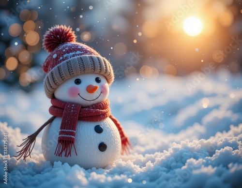 Smiling Snowman in a Snowy Landscape with Cozy Winter Outfit