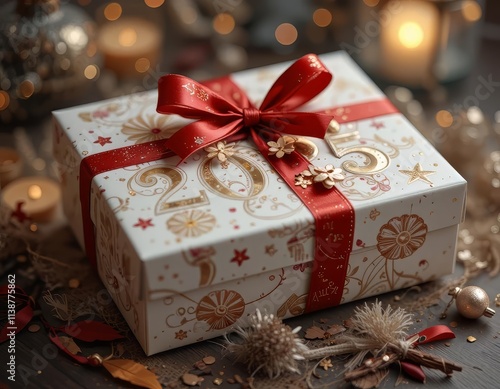 Luxury 2025 Gift Box with Red Bow and Gold Accents