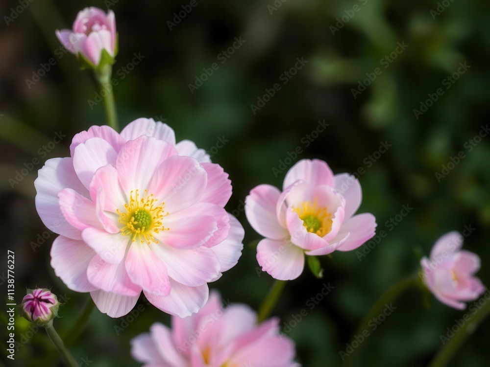 Close-up of delicate pink and white ranunculus flowers in full bloom, spring, ranunculus, delicate Close-up of delicate pink and white ranunculus flowers in full bloom, spring, ranunculus, delicate