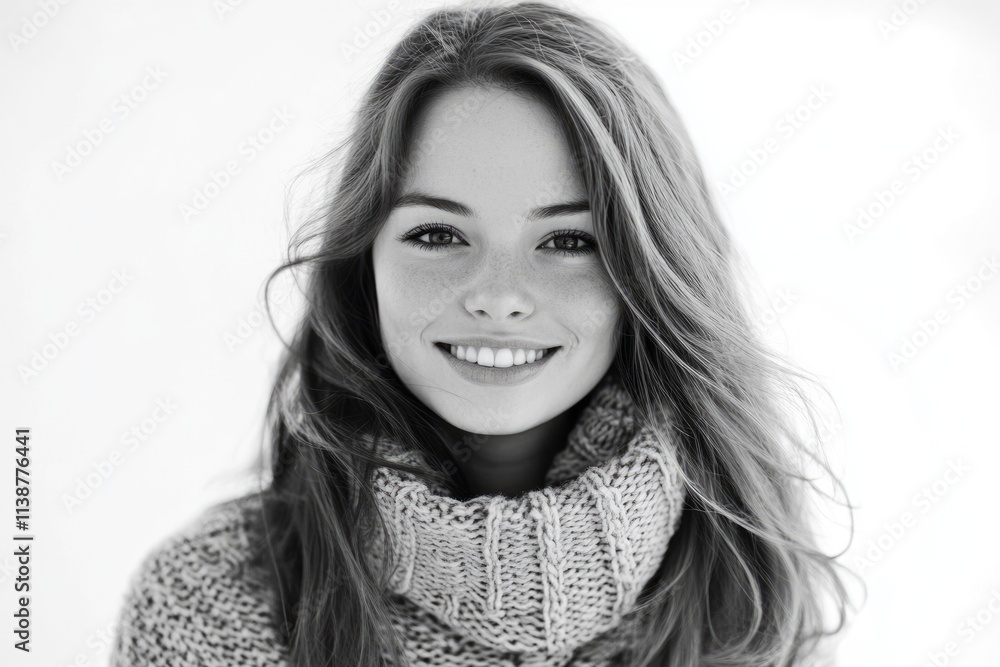 Joyful Young Woman in Cozy Attire Showcasing a Radiant Smile Against a Clean White Backdrop Joyful Young Woman in Cozy Attire Showcasing a Radiant Smile Against a Clean White Backdrop