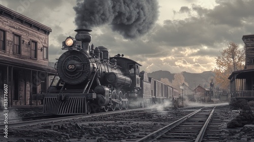Vintage steam train in old western town.